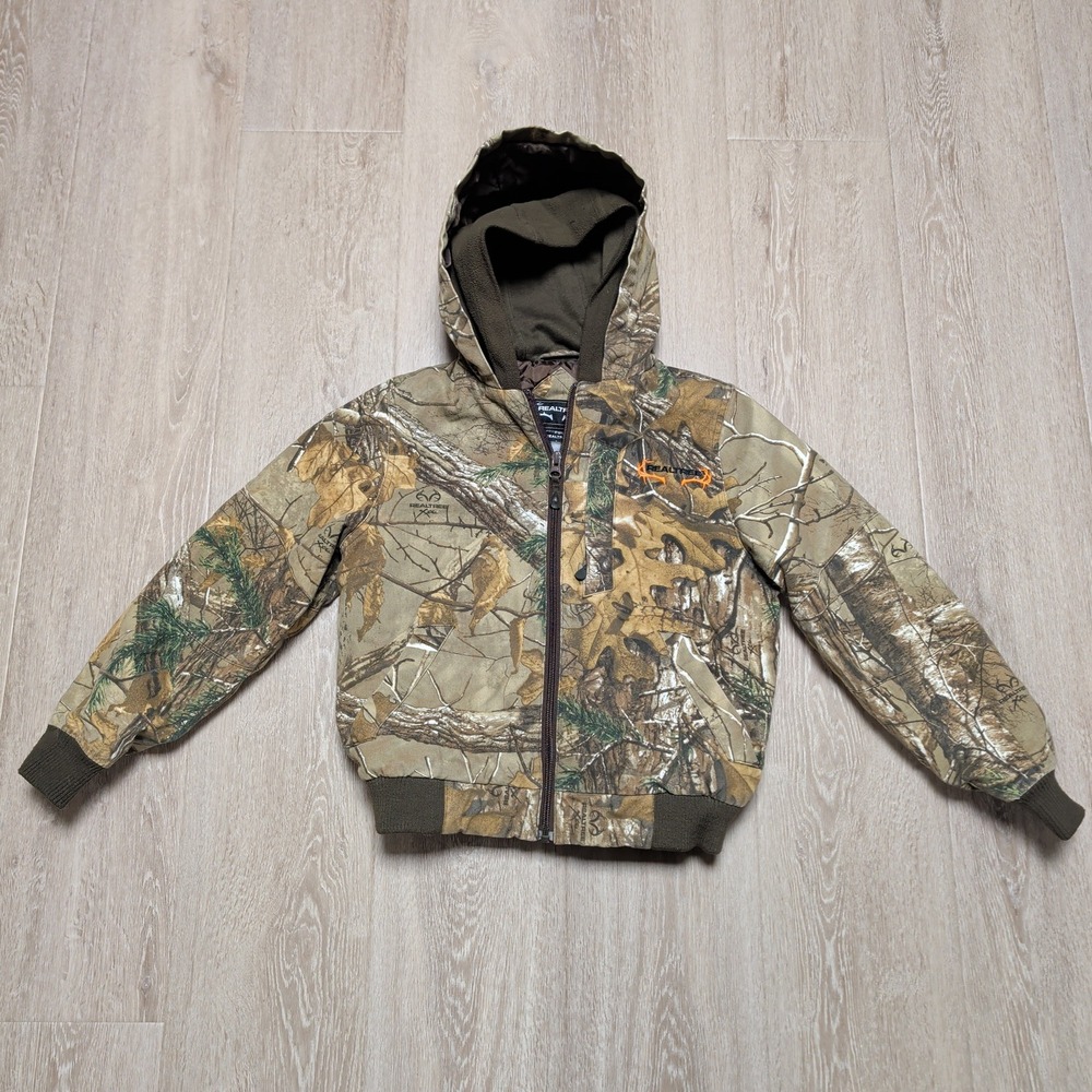 Realtree Xtra Camo Hooded Work Jacket Kids Youth M Brown Canvas Quilted Lined‎